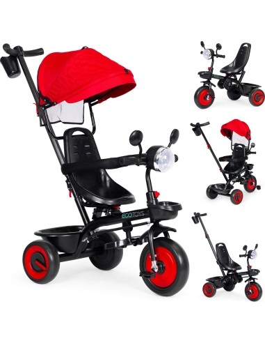 Kūdikių triratukas vežimėlis 3in1 su pasukama sėdyne su stogeliu raudonas ECOTOYS