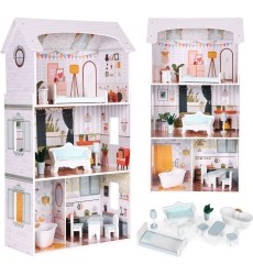 Alisos lėlių namelis 3 aukštų 4 kambarių 9 baldų komplektas ECOTOYS