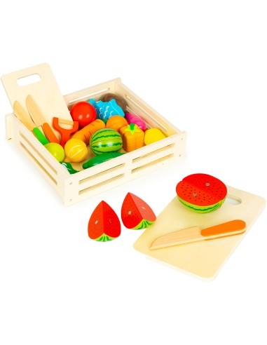 Wooden vegetables and fruits for cutting wooden box + 17 items