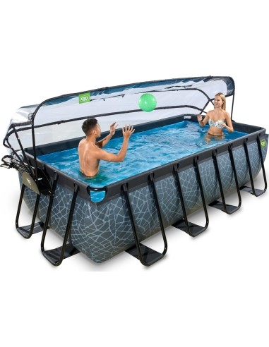 EXIT Akmeninis baseinas 400x200 cm su kupolu ir smėlio filtro siurbliu - pilka Rėminis baseinas Stačiakampio formos 7020 L