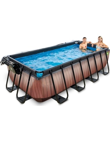 EXIT Wood pool 400x200x100cm with dome and sand filter and heat pump - brown
