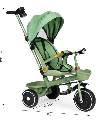 Tricycle stroller tricycle 2-in-1 swivel seat folding canopy green - ECOTOYS