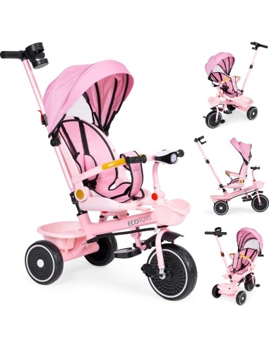 Triratukas vežimėlis 2in1 su pasukama sėdyne, sulankstomas su stogeliu, rožinis - ECOTOYS