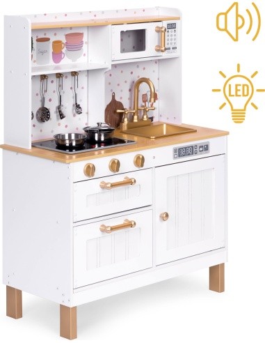 Children's kitchen with sounds and LED wooden large openable cabinets 7 accessories ECOTOYS