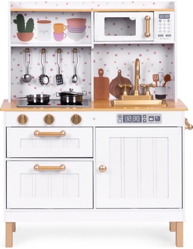 Children's kitchen with sounds and LED wooden large openable cabinets 7 accessories ECOTOYS