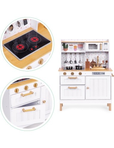 Children's kitchen with sounds and LED wooden large openable cabinets 7 accessories ECOTOYS
