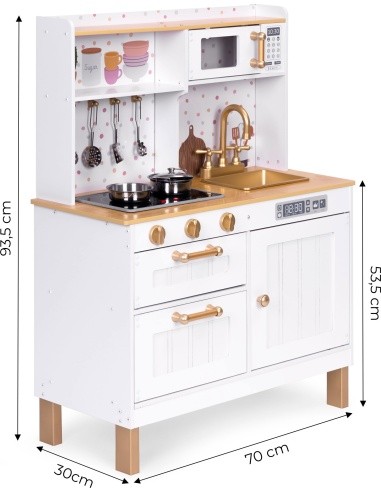 Children's kitchen with sounds and LED wooden large openable cabinets 7 accessories ECOTOYS