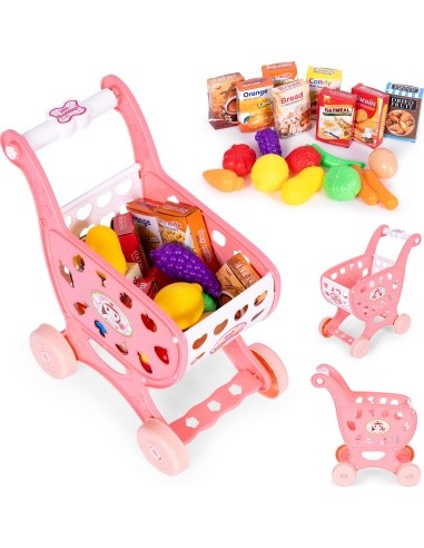 Shopping cart for supermarket kitchen + 18 accessories pink