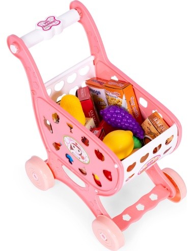 Shopping cart for supermarket kitchen + 18 accessories pink