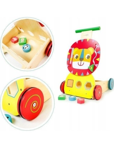 Wooden pusher educational trolley "Lion" with blocks and sorter