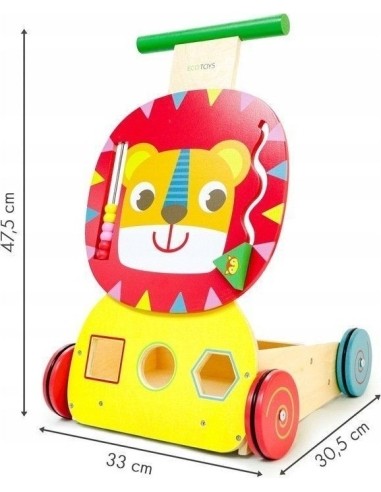 Wooden pusher educational trolley "Lion" with blocks and sorter
