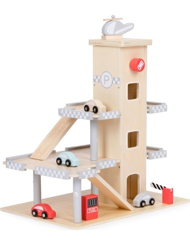 Large wooden track garage parking with elevator + cars ECOTOYS