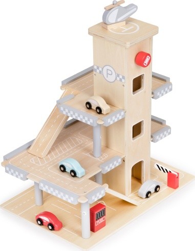 Large wooden track garage parking with elevator + cars ECOTOYS