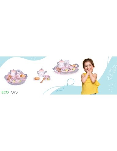 Wooden tea cup kettle set 15 items ECOTOYS