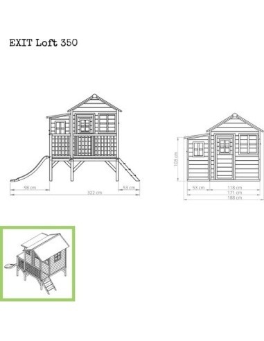 Medinis vaikų žaidimų namelis su terasa ir čiuožykle Exit Loft 350 Natural