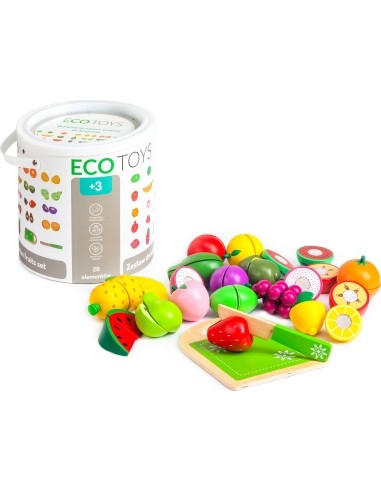 Medinių vaisių Ecotoys rinkinys kibirėlyje