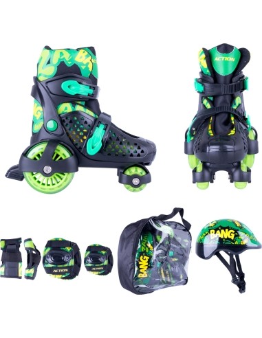 Riedučiai su 4 ratukais ir apsaugu komplektas Action Darly Boy - Green-Black