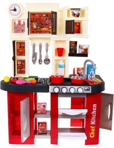 Kitchen with fridge, water tap