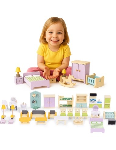 Wooden doll house furniture accessories set of 30 pieces