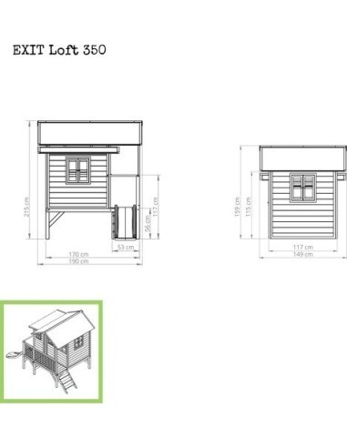 Medinis vaikų žaidimų namelis su terasa ir čiuožykle Exit Loft 350 Natural