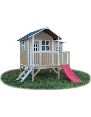 Medinis vaikų žaidimų namelis su terasa ir čiuožykle Exit Loft 350 Natural