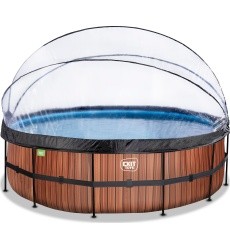 Baseinas EXIT Wood ø488x122 cm su smėlio filtro siurbliu, kupolu ir šilumos siurbliu, rudas