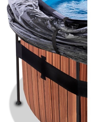 Baseinas EXIT Wood ø488x122 cm su smėlio filtro siurbliu, kupolu ir šilumos siurbliu, rudas