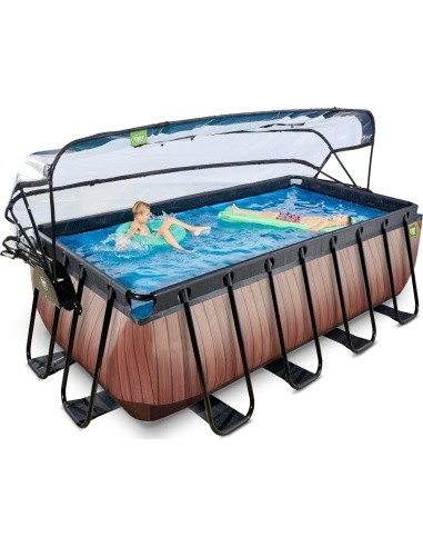 EXIT Wood pool 400x200x122cm with sand filter pump and dome and heat pump - brown