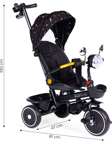 Children's tricycle stroller swivel seat pusher black ECOTOYS