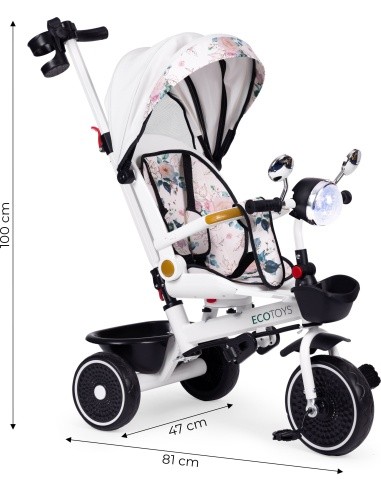 Vaikiškas triratukas su sukiąja sėdyne, stūmimo rankena ir stogeliu ECOTOYS