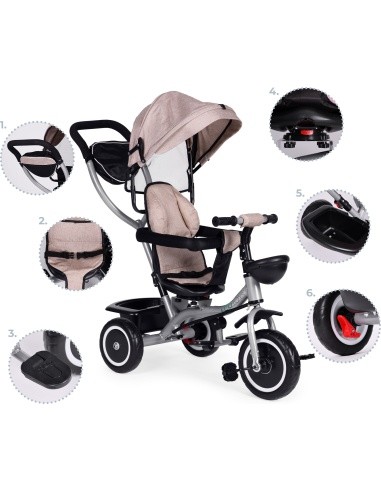 Triratukas-vežimėlis 2-in-1 ECOTOYS, pasukama sėdynė, sulankstomas stogelis, smėlio spalvos