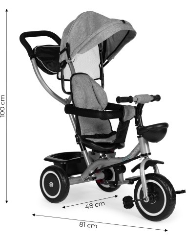 Tricycle stroller 2-in-1 swivel seat folding canopy - grey ECOTOYS