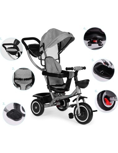 Triratukas-vežimėlis 2-in-1 ECOTOYS, sukioji sėdynė, sudedamas stogelis, pilkas