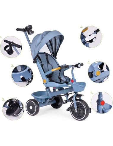 Tricycle stroller tricycle 2-in-1 swivel seat folding canopy blue - ECOTOYS