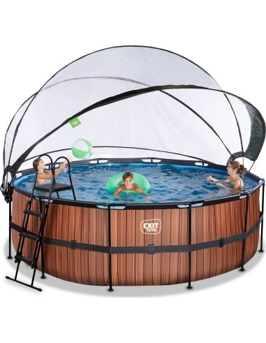 EXIT Wood pool ø427x122cm with sand filter pump and dome and heat pump - brown