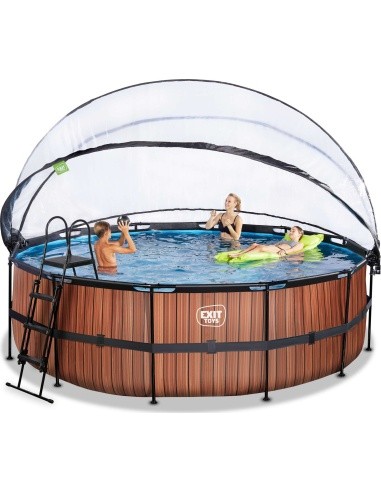 EXIT Wood pool ø450x122cm with dome and sand filter and heat pump - brown