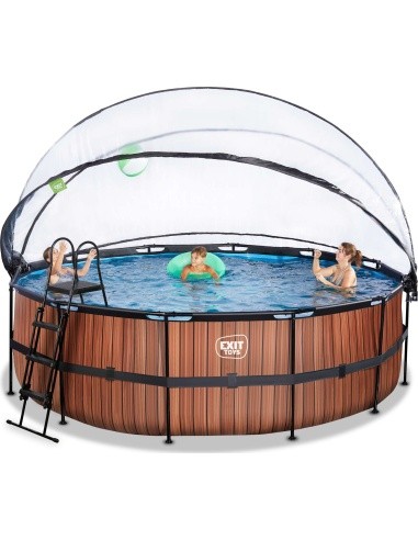 EXIT Wood baseinas ø450x122cm su kupolu, smėlio filtru ir šilumos siurbliu - rudas
