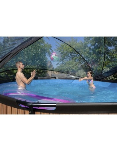 EXIT Wood pool ø450x122cm with dome and sand filter and heat pump - brown