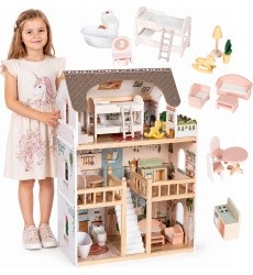 Drewniany domek dla lalek Laura 3 piętra 5 pomieszczeń 15 mebelków ECOTOYS
