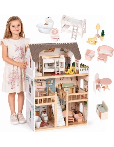 Drewniany domek dla lalek Laura 3 piętra 5 pomieszczeń 15 mebelków ECOTOYS