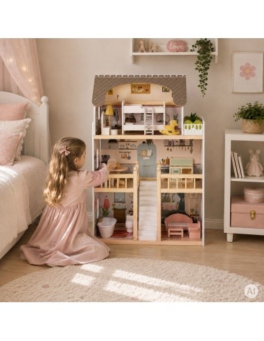 Drewniany domek dla lalek Laura 3 piętra 5 pomieszczeń 15 mebelków ECOTOYS