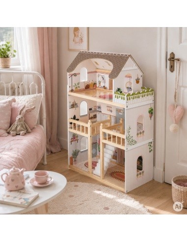 Drewniany domek dla lalek Laura 3 piętra 5 pomieszczeń 15 mebelków ECOTOYS