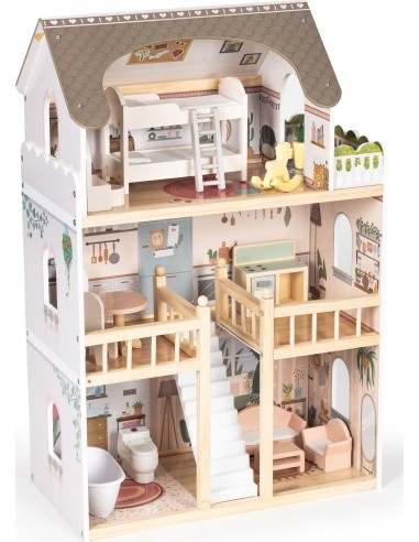Drewniany domek dla lalek Laura 3 piętra 5 pomieszczeń 15 mebelków ECOTOYS