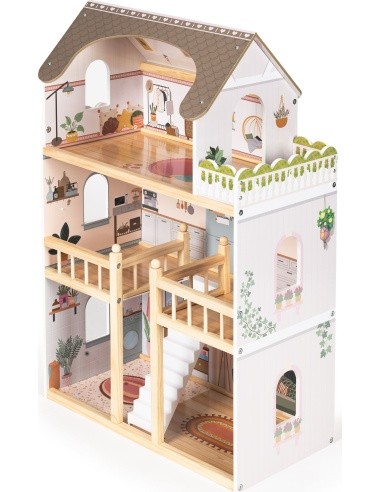 Drewniany domek dla lalek Laura 3 piętra 5 pomieszczeń 15 mebelków ECOTOYS