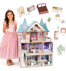 Medinis lėlių namelis pilis Bella 4 aukštai 5 kambariai 15 baldų ECOTOYS