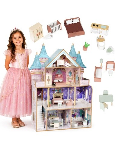 Drewniany domek dla lalek zamek Bella 4 piętra 5 pomieszczeń 15 mebelków ECOTOYS