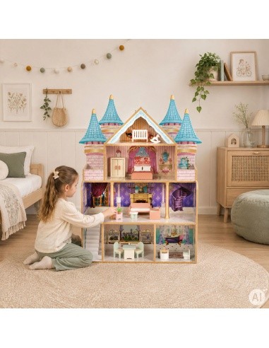 Medinis lėlių namelis pilis Bella 4 aukštai 5 kambariai 15 baldų ECOTOYS
