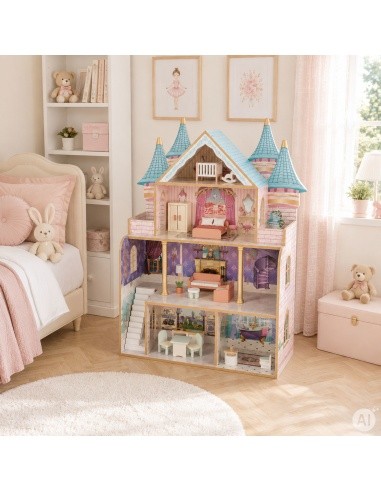 Drewniany domek dla lalek zamek Bella 4 piętra 5 pomieszczeń 15 mebelków ECOTOYS
