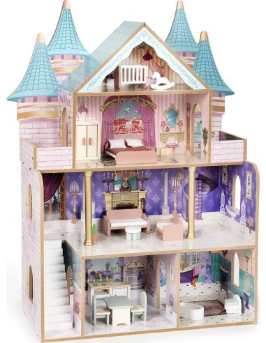 Drewniany domek dla lalek zamek Bella 4 piętra 5 pomieszczeń 15 mebelków ECOTOYS