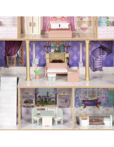 Drewniany domek dla lalek zamek Bella 4 piętra 5 pomieszczeń 15 mebelków ECOTOYS